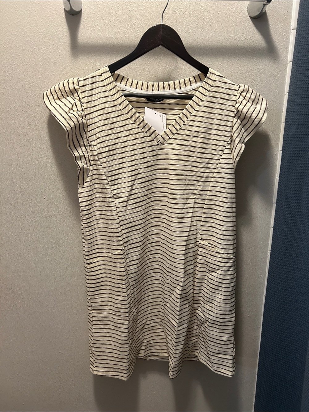 Striped V-Neck Mini Dress in Cream and Black